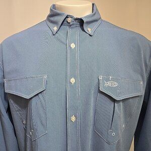 AFTCO Vented Fishing Shirt Men Size Large Blue Micro Check Plaid Roll Tab Sleeve